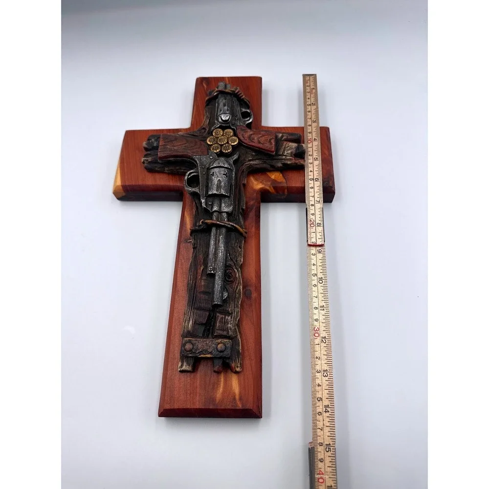 Handmade Rustic Western Wooden Wall Cross Revolver Bullet Barbed Wire Cowboy 14
